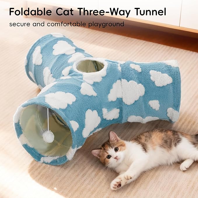 Tempcore Cat Tunnels for Indoor Cats, Cat Tube Toys 3 Way Collapsible, Pet Play Tunnel with Peek Hole Toy Ball for Kitty, Kitten, Rabbit, Blue Cloud