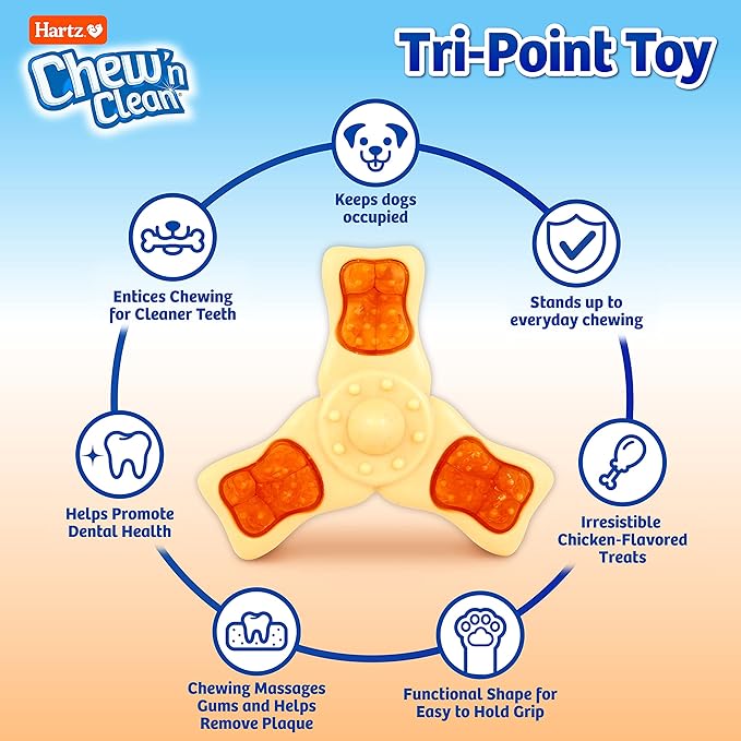 Hartz Chew ‘n Clean Chew Toy and Treat in One Chicken Flavored Tri-Point Dog Toy, Medium