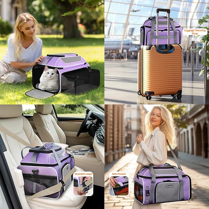 Petskd Top and Side Expandable Pet Carrier 19x13x9 Inches Southwest Allegiant Airlines Approved, Soft-Sided Carrier for Small Dog Under 12 lbs and Large Cat Under 15 lbs(Purple)