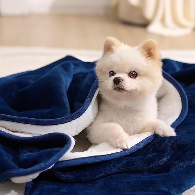 gogobunny Waterproof Pet Blanket for Small Dogs and Cats, Reversible Sherpa Fleece Soft Plush Throw for Couch Protection, Washable Furniture Protector (Navy Blue, 30x30 inches)