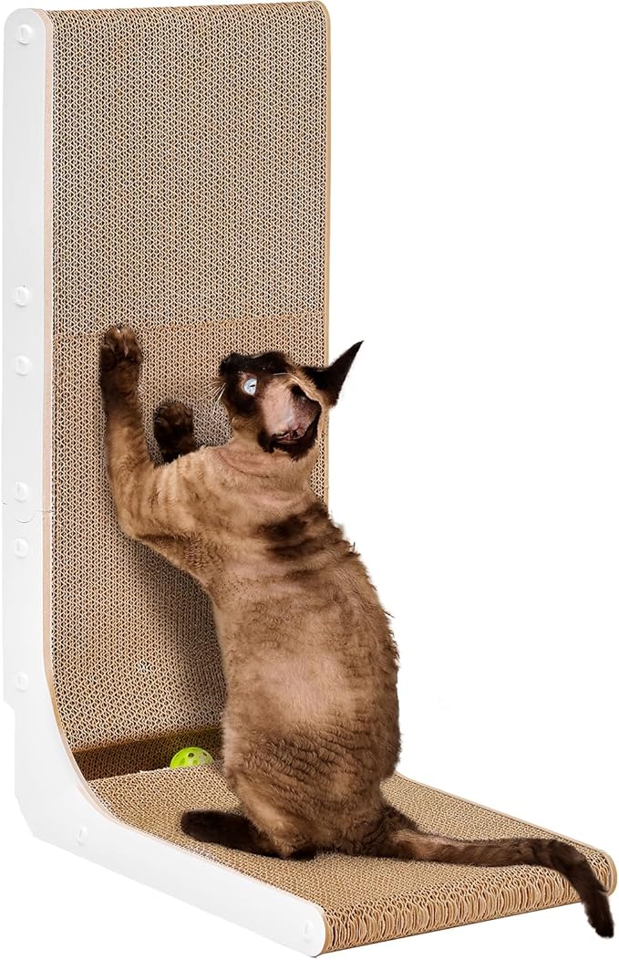 EHEYCIGA Cardboard Cat Scratcher for Indoor Cats, 26.8 Inch L Shaped Vertical Cat Scratching Board with Ball Cat Toy, Large Cat Scratcher Pad, White