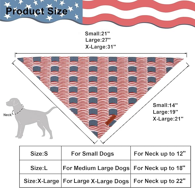 ADOGGYGO American Flag Dog Bandana 2 Pack, Reversible White Red USA Flag Pet Scarf Bib, Adjustable Fit 4th of July Bandanas for Extra Large Dogs Pets (X-Large)