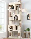 Globlazer Corner Cat Tree 66 inch Multi-Level Climbing Tower Kitty Condos Cat Scratching Tower for Indoor Multiple Cats with Large Platform, 3 Cat Caves, F66, Beige