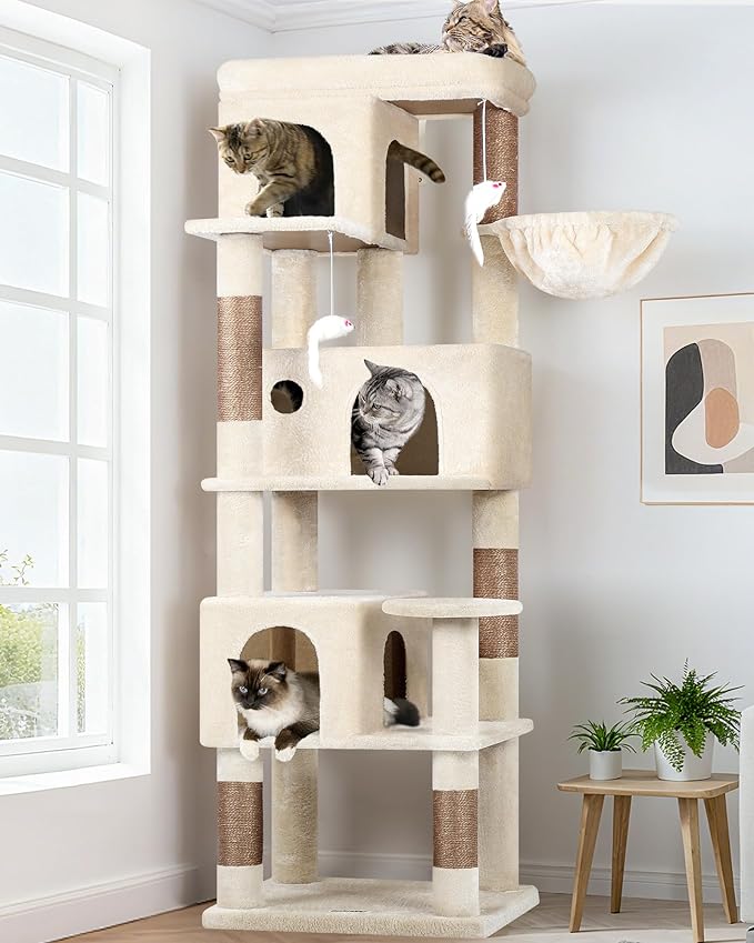 Globlazer Corner Cat Tree 66 inch Multi-Level Climbing Tower Kitty Condos Cat Scratching Tower for Indoor Multiple Cats with Large Platform, 3 Cat Caves, F66, Beige