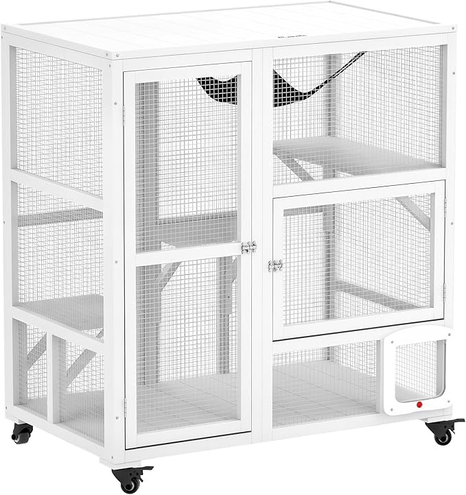 PawHut Indoor Wooden Catio, Cat House Cat Enclosure on Wheels with 3 Platforms, Hammock, Cat Flap Door & Openable Top, Luxury Kitty House for 2 Cats, 39", White