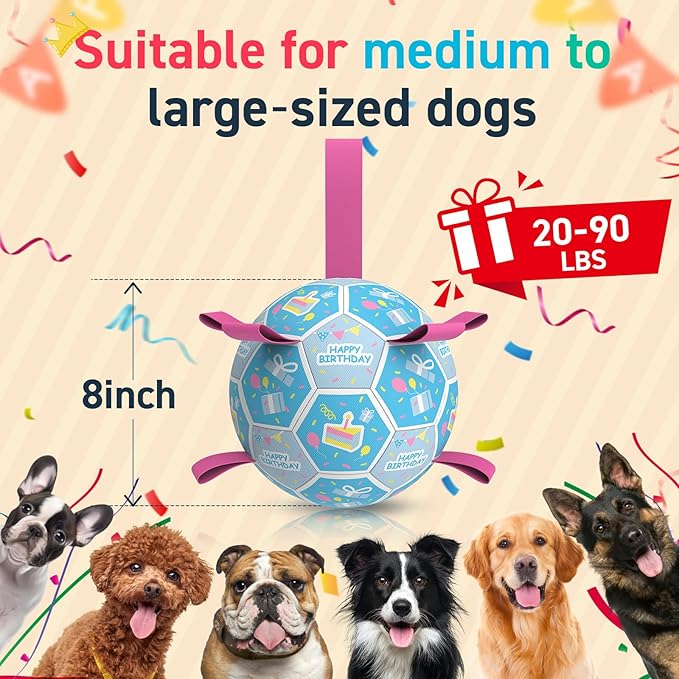 QDAN Dog Birthday Toys, Soccer Ball for Dogs with Straps, Dog Ball Toy, Puppy Birthday Gifts, Durable Herding Balls for Medium Large Dogs (8 inch)