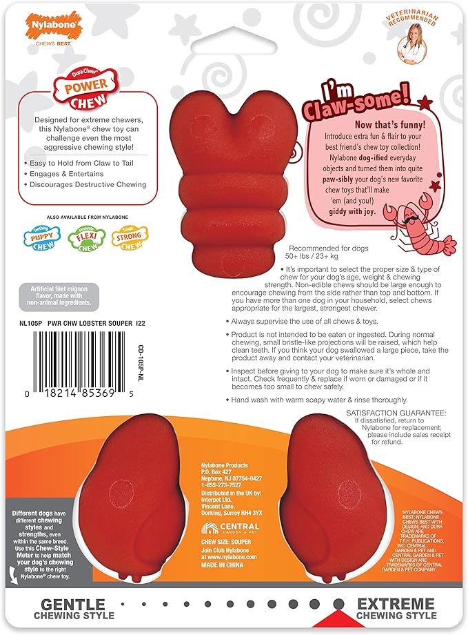 Nylabone Lobster Power Chew Toy for Dogs, Dog Toys for Aggressive Chewers, Filet Mignon Flavor, X-Large Dogs - 50+ lbs, 1 Count