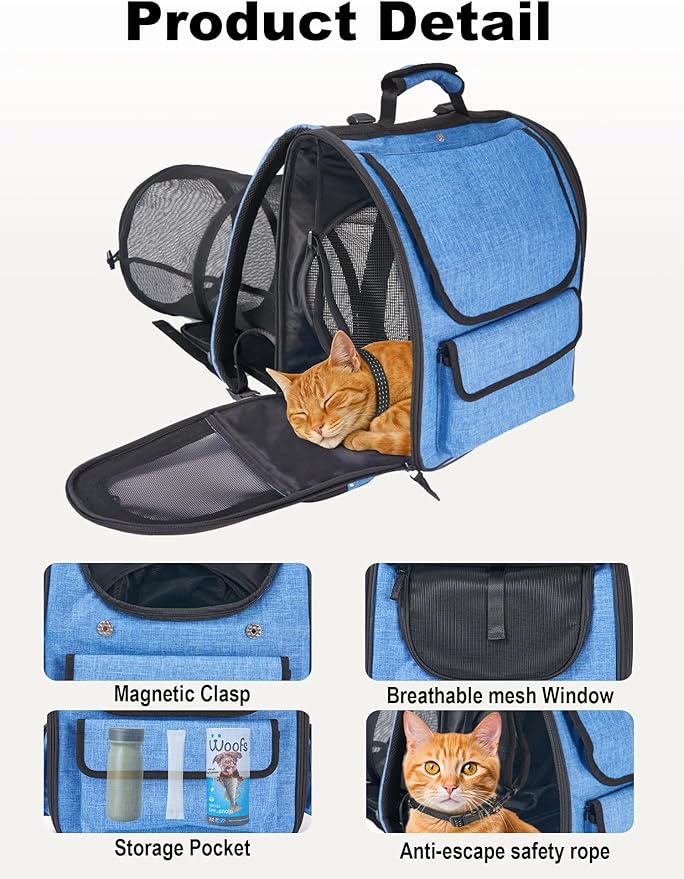 Large Cat Carrier with Tunnel Extension, Portable Small Dog Backpack with Ventilated Mesh Windows, Anti-Scratch Fabric, Luggage Strap and Chest Buckle for Travel, Hiking, Camping,Gray Blue
