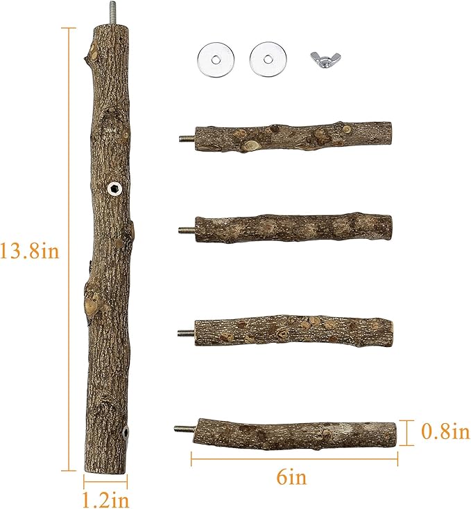 Bird Perch Stand Toy, Natural Wood Parrot Perch Bird Cage Branch Perch Accessories for Parakeets Cockatiels Conures Macaws Finches Love Birds(L: 13.8" Length)