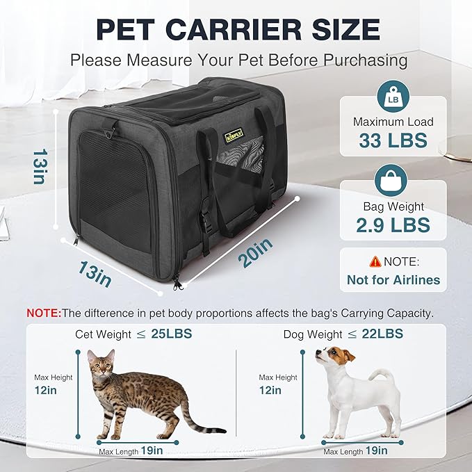 Small Dog Carrier for Puppies, Rabbits, Cat Carrier Soft, Foldable Travel Bag, Fits Pets up to 25lbs, Car Seat Belt Compatible, Ideal for Car Road Trips, Anti-Scratch Mesh, 20x13x13 in, Black