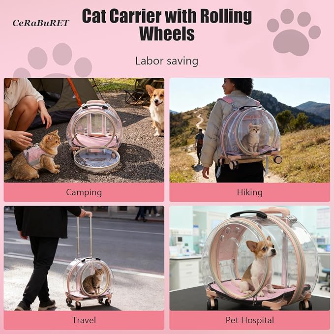 Transparent & Fully Breathable Hard Cat Carrier with Rolling Wheels, Multiple Carrying Carrier for Cats, Dogs, Or Bunnies for Traveling, Taking a Walk, Applicable Weighing up to 19.84lbs (Pink,Clear)
