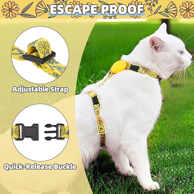 PUPTECK Adjustable Cat Harness and Leash Set Escape Proof Kitten Strap Collar for Walking Travel, Floral Pattern