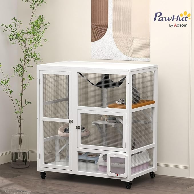 PawHut Indoor Wooden Catio, Cat House Cat Enclosure on Wheels with 3 Platforms, Hammock, Cat Flap Door & Openable Top, Luxury Kitty House for 2 Cats, 39", White