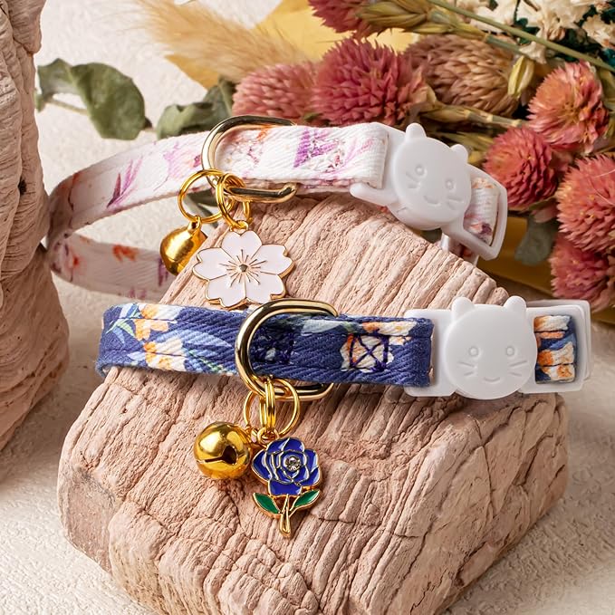 2 Pack Cotton Breakaway Cat Collar White and Blue Flowers Pendant Cute Kitten Cat Collar with Bell