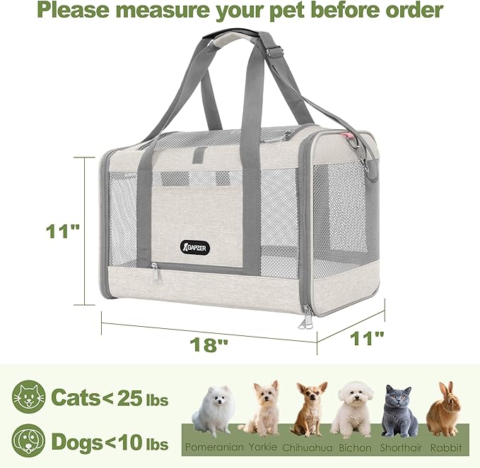 Cat Carrier American Airline Approved 18x11x11, Top Opening Sturdy Soft Pet Carrying Bag See Through, Mini Dog Hard Bottom Crate Kennel Case, 4-Side-Ventilation Mesh Cage Toy Poodle Biege