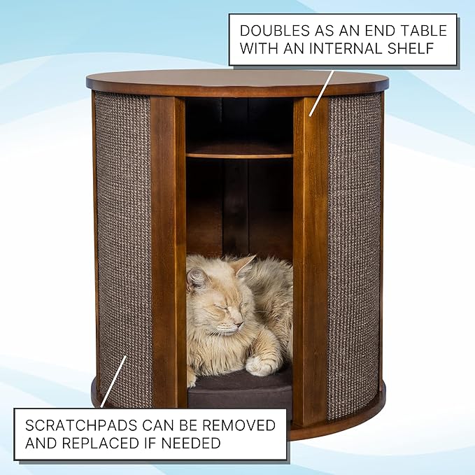 The Refined Feline Purrrrfect End Table Cat Bed Cave in Mahogany Brown, Multipurpose Wood Cat Furniture Nightstand, Easy to Clean Covered Cat Bed with Replaceable Scratching Post & Washable Cushion