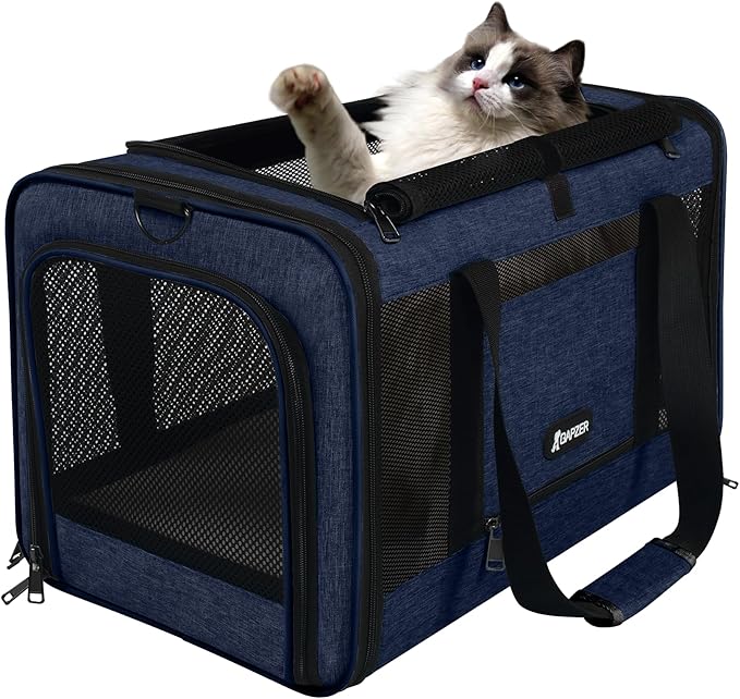 Cat Carrier 18x11x11 United Airline Approved, Top Loader Heavy Duty Softshell Pet Flying Bag 18lbs, Small Dog Chihuahua Crate 5-10 Pounds, Kitty Transport Kennel, Miniature Poodle Case Navy