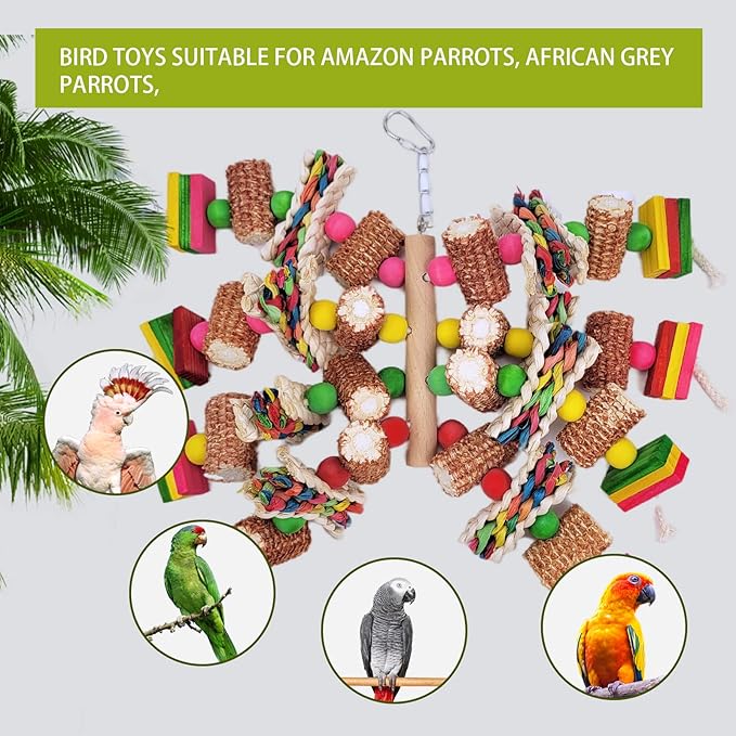 Bird Toys, Parrot Toys, Bird Toys Made of Natural Multi-Colored Wooden Blocks for African Grey Parrots, Amazon Parrots, Small and Medium-Sized Birds to Exercise Beak Strength