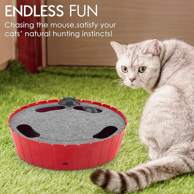 Pawaboo Interactive Cat Toy with Running Mouse, Electronic Motion Cat Toy Automatic Teaser for Indoor Cats, Pop and Play Hide Seek Cats Toys Hunting Mouse for Pet Cats Kitten Play Fun Exercise, Red