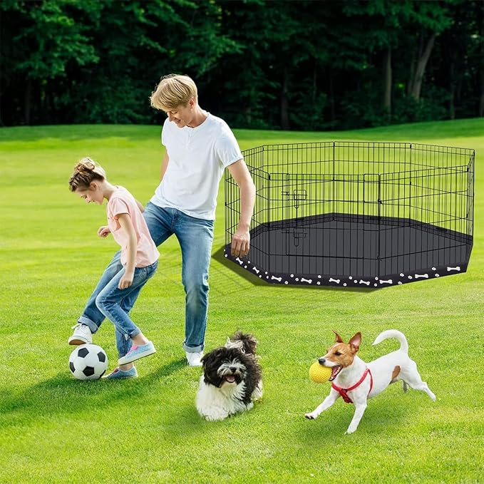 Dog Pen Pet Playpen Dog Fence Indoor Foldable Metal Wire Exercise Puppy Play Yard Pet Enclosure Indoor Outdoor 8 Panels 24 Inch with Bottom Pad (Bottom Cover Fence with Printing)
