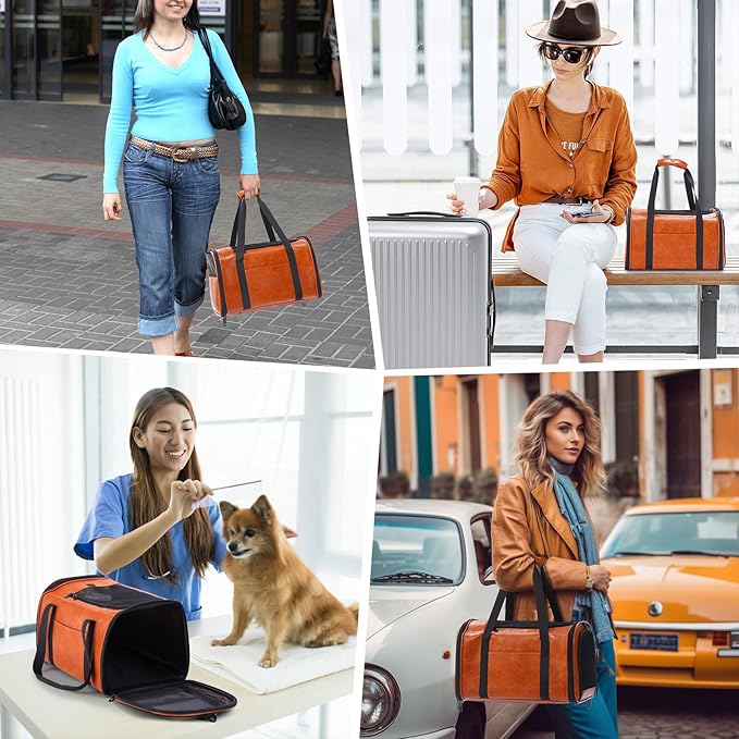 Fashion Leather Dog Carrier Cat Carrier Airline Approved Pet Carrier for Small Medium Dogs Cats Under 15Lbs, Collapsible Soft Sided Travel Puppy Carrier Brown
