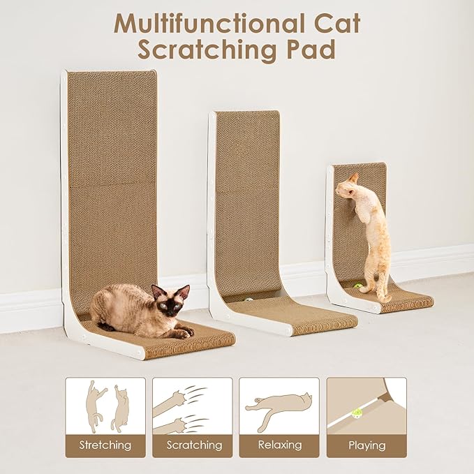 EHEYCIGA Cardboard Cat Scratcher for Indoor Cats, 26.8 Inch L Shaped Vertical Cat Scratching Board with Ball Cat Toy, Large Cat Scratcher Pad, White