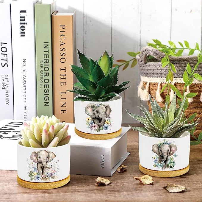 Elephants Succulent Pots 3 Pack, 3 Inch Succulent Planters with Drainage and Bamboo Tray, Elephants Gifts for Women, Ceramic Small Pots for Baby Plants, Cactus, Herbs- Plants Not Included