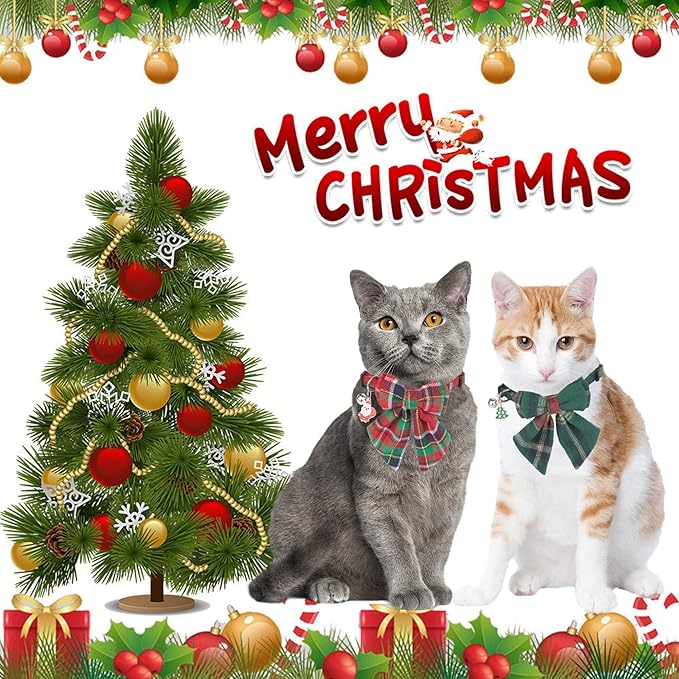 ADOGGYGO Christmas Cat Collars Breakaway with Removable Bow Tie, 2 Pack Red Green Plaid Christmas Collar for Cats Kittens