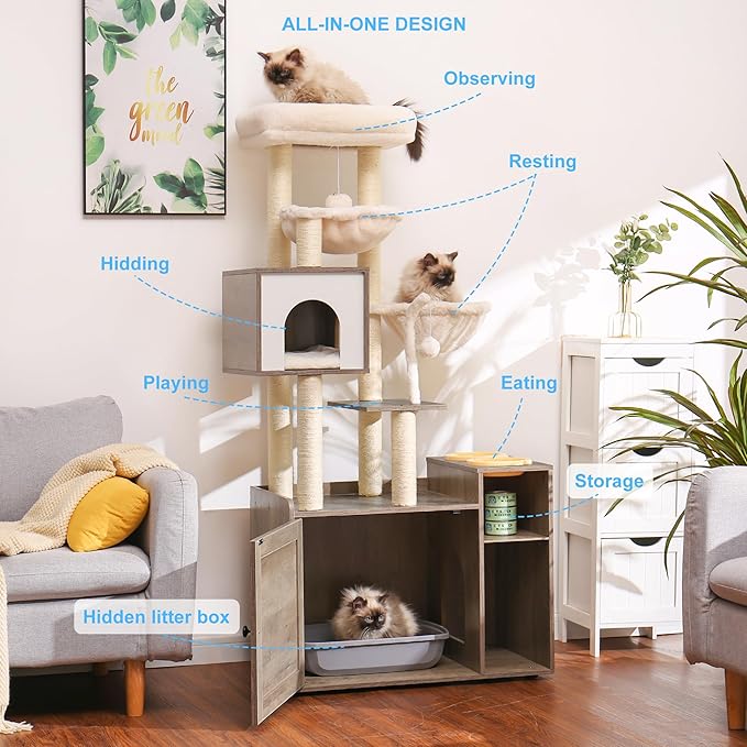 Hey-brother Cat Tree with Litter Box Enclosure, Modern Cat Tower for Indoor Cats with Large Platform, Condo Food Station and 2 Hammocks, All-in-one Cat Furniture, Wood Rustic Gray MPJ115SG