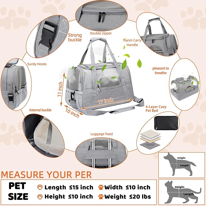 Pet Carrier Bag Airline Approved Up for Cats and Dogs Up to 20LBs, Soft Cat Carrier Dog Carrier Travel Kitten Carrier with Mat, Nail Clipper, Brush, Foldable Bowl Cat Accessories