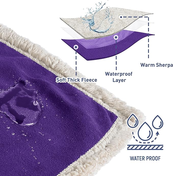 Kritter Planet Waterproof Bed Blanket for Couples, Washable Stain Proof Pad Bed Cover, Reversible Leakproof Furniture Protector, Liquid Proof Blanket for Couch Sofa, 50x60 inch, Queen Size, Purple