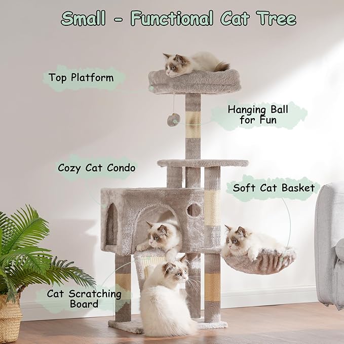 Cat Tree, 41.3" Cat Tower for Indoor Kittens with Scratching Board and Posts, Multi-Level Cozy Cat Condo with 2 Perches, Hammock, Balls, Light Gray GCT005SW