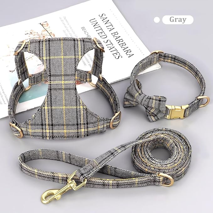 Beirui Cute Extra Small Dog Harness Collar and Leash Set with Bowtie, Soft Adjustable Plaid Puppy Harness for Small Sized Dogs Cats Walks Parties and Photoshoots(Gray,XXS:Chest 12-14")