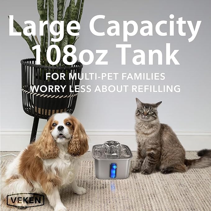 Veken Innovation Award Winner Stainless Steel Cat Water Fountain, 108oz/3.2L Automatic Pet Fountain Dog Water Dispenser with 6 Replacement Filters & Silicone Mat for Cats, Dogs, Multiple Pets (Silver)