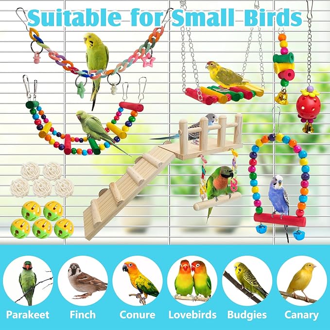 Hamiledyi 17Pcs Parrot Swing Toys Perches Platform with Bird Climbing Ladder Chewing Hanging Standing Colorful Toys Cage Accessories for Parakeet, Conure, Finch, Lovebirds, Budgie, Canary