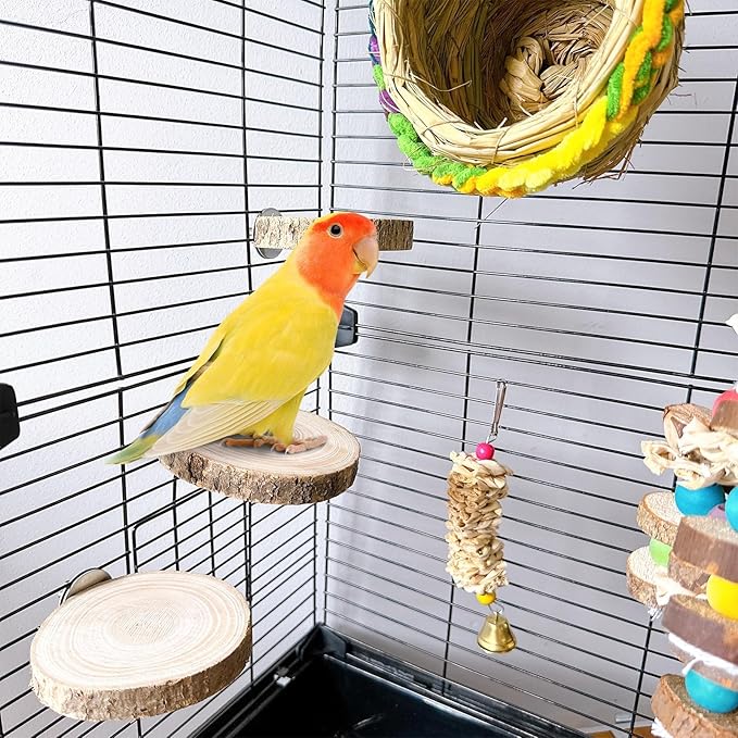 Hamiledyi 3PCS Perch Platform for Bird Cage Natural Round Wooden Stand Platform Bird Toy for Parakeet Cockatiel Parrot Budgie Sparrow Hamster Canary Bears
