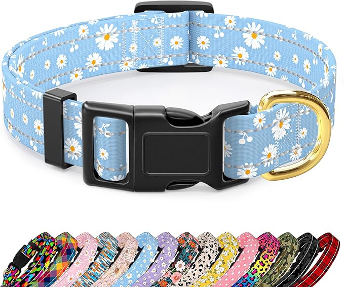 Reflective Dog Collar for Medium Dogs, Cute Daisy Theme Adjustable Heavy-Duty Nylon Puppy Collar for Boy and Girl Female, Soft Pet Accessories with Quick Release Buckle, Neck 14-20", Blue