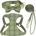 Beirui Cute Extra Small Dog Harness Collar and Leash Set with Bowtie, Soft Adjustable Plaid Puppy Harness for Small Sized Dogs Cats Walks Parties and Photoshoots(Green,XXS:Chest 12-14")
