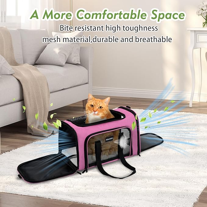 Soundy Large Cat Carrier Dog Carrier Under 25 Lbs,Collapsible Ventilated Portable Pet Bag with Soft Sided Breathable Mesh for Long Car Trips Maxi Load 2 Kittens or Small, Medium Dog (Large Pink)