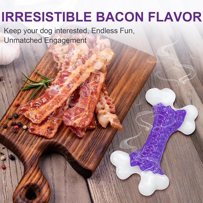 Tough Dog Chew Toys for Aggressive Chewers Large Medium Breed Bacon Flavor, Bone Toy Dog, Nylon Heavy Duty Extreme Indestructible Teething Training