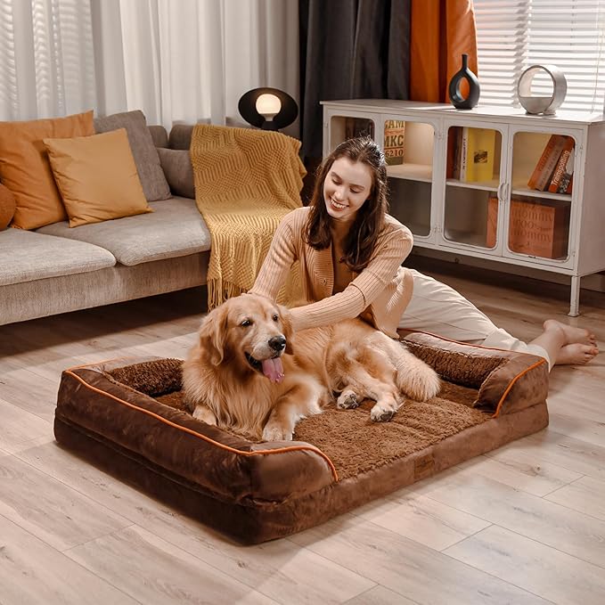 Comfort Expression Orthopedic Dog Bed for Large Dogs 38x25 Inch, Waterproof Supportive Egg Crate Foam Large Pet Bed with Removable Bolsters, Dog Couch with Washable Cover & Non-Slip Bottom, Dark Brown