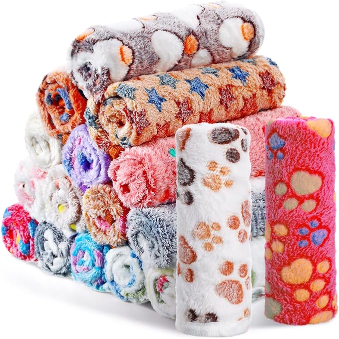 Chumia 18 Pcs Fleece Puppy Blanket Bulk, Soft Warm Pet Blanket with Paw Bone Star Elephant Dot Heart Printed Fluffy Throw Bed Mat for Small Medium Dog Cat Kitten Animals(23 x 16 Inch, Sweet)
