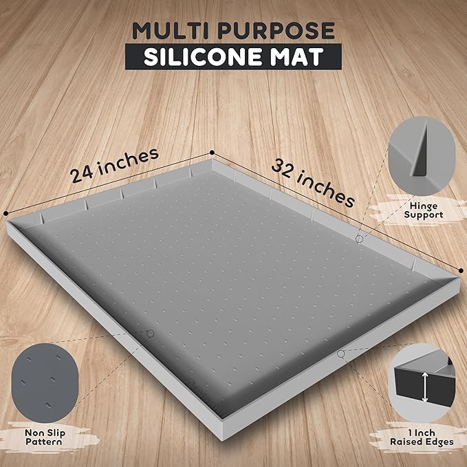 32x24x1” XL Dog Food Mat - All Purpose Under Sink Liner, Washer and Dryer Covers for The Top, Silicone Griddle Mat for Blackstone - Raised Edges Dog Mat for Food and Water Prevent Spill, Waterproof