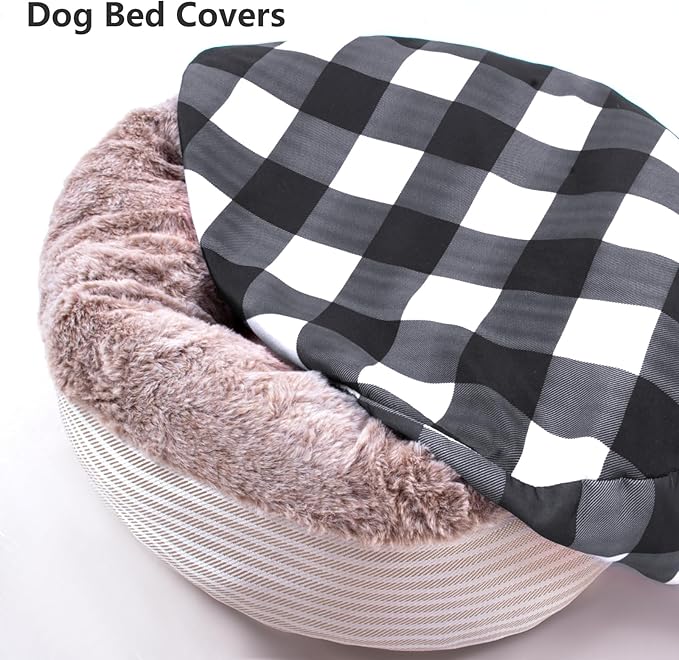 Round Dog Bed Cover Washable Elastic Edged Pet Bed Protector with Black Lattice Pattern Design for Medium & Small Pet Beds, Cover Only (Lattice, 30×9.8 Inch)