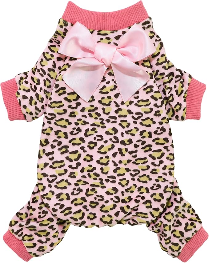 Fitwarm Leopard Dog Pajamas, Fleece Dog Clothes for Small Dogs Girl with Legs, Pet Onesie, Cat Outfit, Pink, XXL