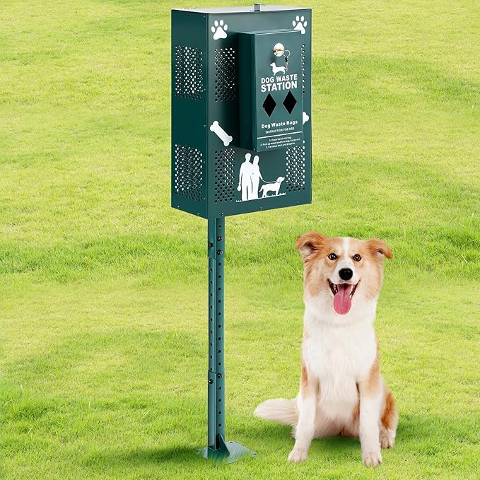 Abbylike Compact Dog Waste Station Outdoor - Pet Poop Waste Bag Dispenser & Litter Bin Combo, Pet Trash Bin Height Adjustable with Reflective Sign for Backyard Commercial Park Trail Yard