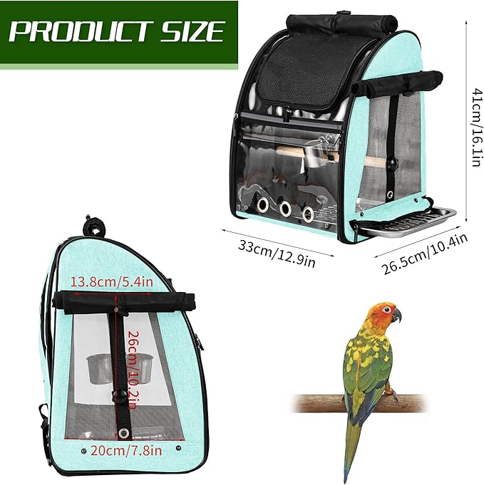 SUERTREE Bird Carrier Bag with Indestructible Stainless Steel Mesh, Bird Travel Cage with Stand, Easy to Clean Backpack for Parrot, Portable Bird Travel Bag, Green