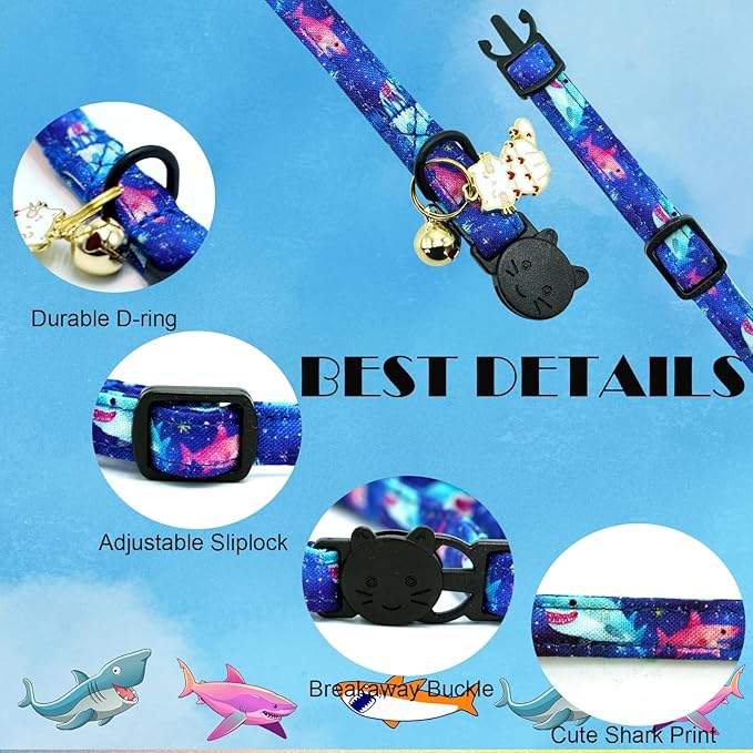Elegant little tail 2 Pack Cat Collar-Dinosaur & Shark Cotton Breakaway Cat Collars with Bell Pendant Kitten Boy Cats Safety Adjustable Collar for Small Cats Puppy
