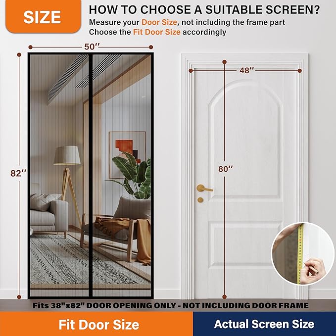 Magnetic Screen Door, Fit Door Size 48 x 80 Inches, Screen Doors with Magnets, Pet & Kid Friendly，Works with Front Doors, Sliding Doors ‎Black
