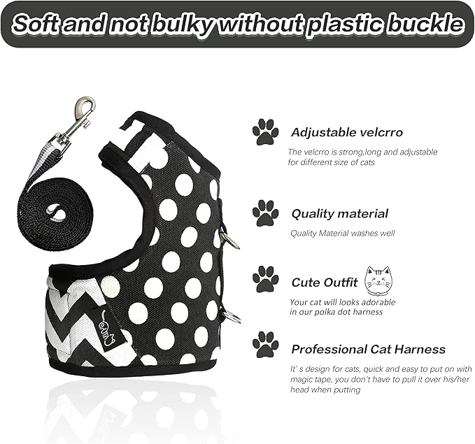 Cat Harness and Leash for Walking Escape Proof, Adjustable Cat Vest Harness, Padded Stylish Cat Walking Jackets, Polka Dot Black, Small